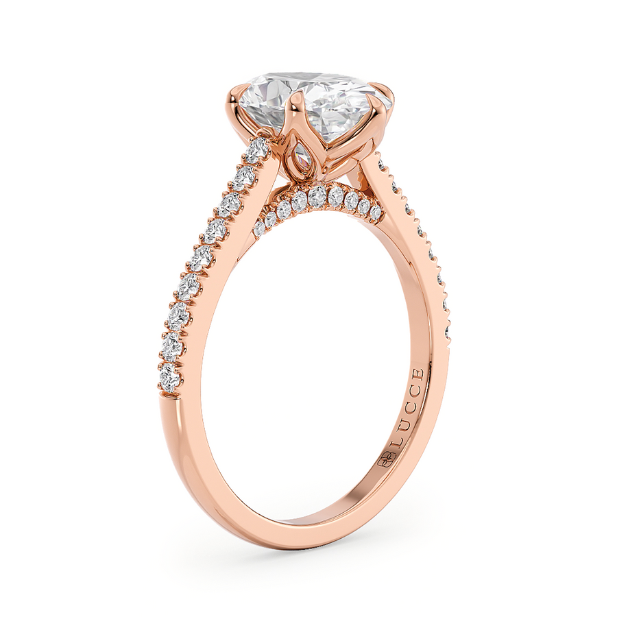 Load image into Gallery viewer, LUCCE Cathedral Oval Diamond Pavé Engagement Ring with Petal Prongs and Hidden Accent Stones in Gold or Platinum
