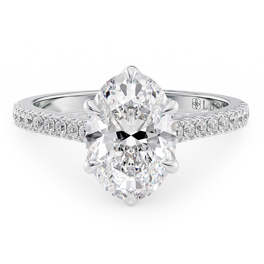 Load image into Gallery viewer, LUCCE Cathedral Oval Diamond Pavé Engagement Ring with Petal Prongs and Hidden Accent Stones in Gold or Platinum
