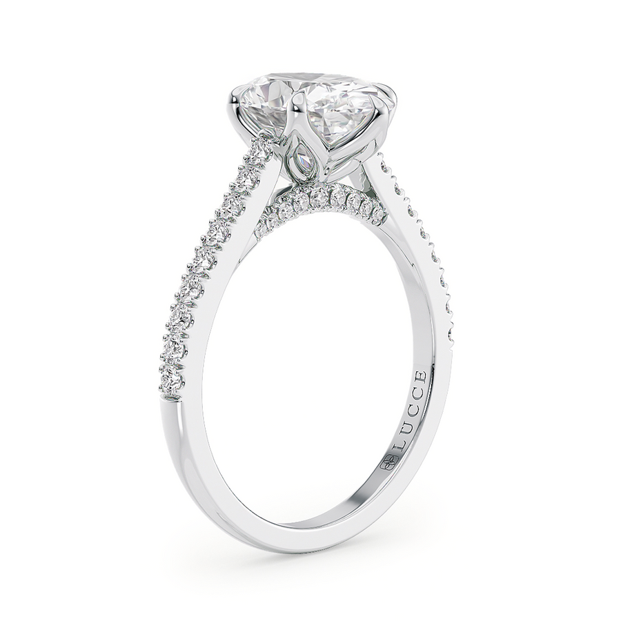 Load image into Gallery viewer, LUCCE Cathedral Oval Diamond Pavé Engagement Ring with Petal Prongs and Hidden Accent Stones in Gold or Platinum
