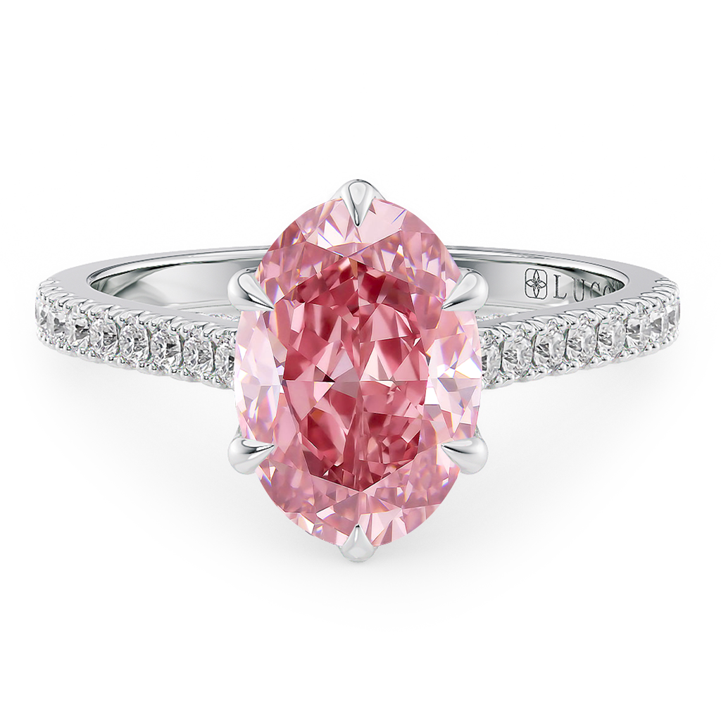 Load image into Gallery viewer, LUCCE Cathedral Oval Pink Diamond Pavé Engagement Ring with Petal Prongs and Hidden Accent Stones in Gold or Platinum
