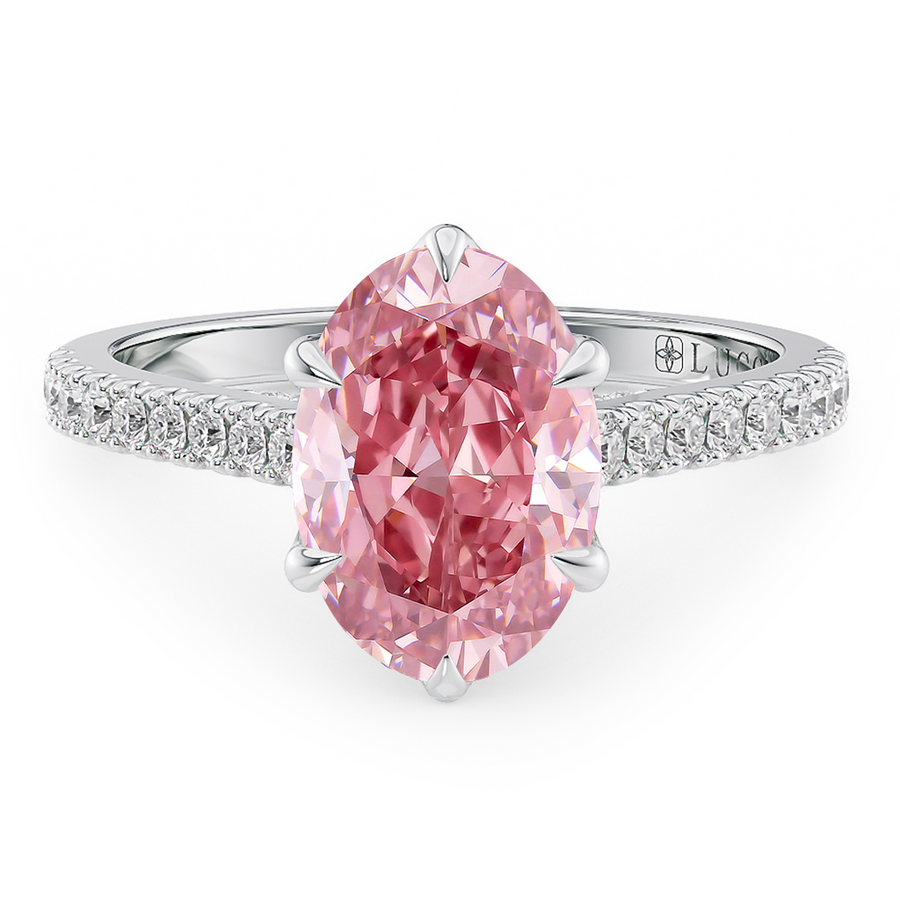 Load image into Gallery viewer, LUCCE Cathedral Oval Pink Diamond Pavé Engagement Ring with Petal Prongs and Hidden Accent Stones in Gold or Platinum
