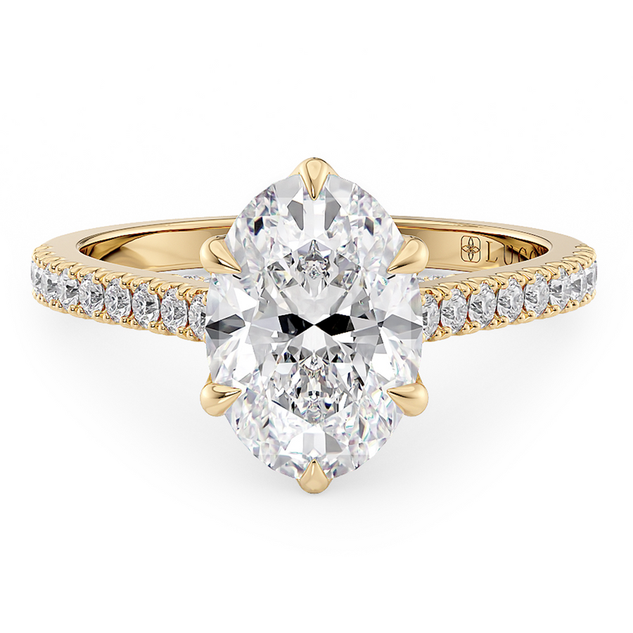 Load image into Gallery viewer, LUCCE Cathedral Oval Diamond Pavé Engagement Ring with Petal Prongs and Hidden Accent Stones in Gold or Platinum

