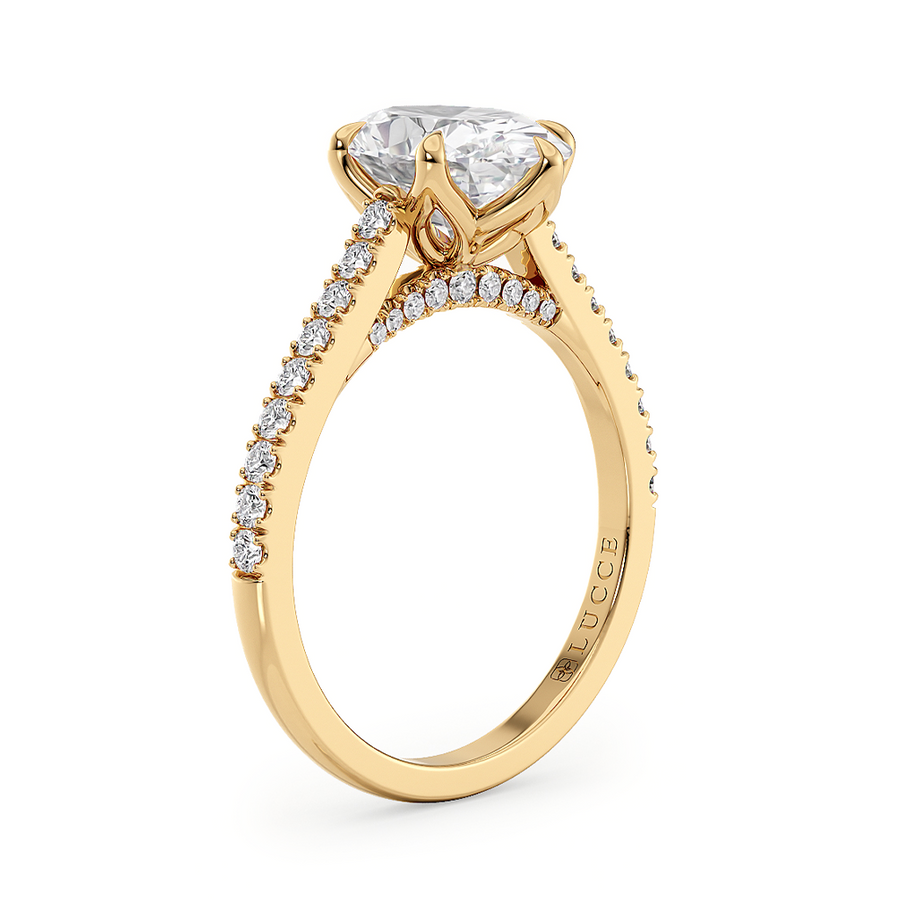 Load image into Gallery viewer, LUCCE Cathedral Oval Diamond Pavé Engagement Ring with Petal Prongs and Hidden Accent Stones in Gold or Platinum
