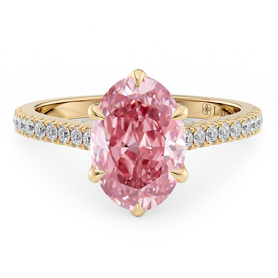 Load image into Gallery viewer, LUCCE Cathedral Oval Pink Diamond Pavé Engagement Ring with Petal Prongs and Hidden Accent Stones in Gold or Platinum
