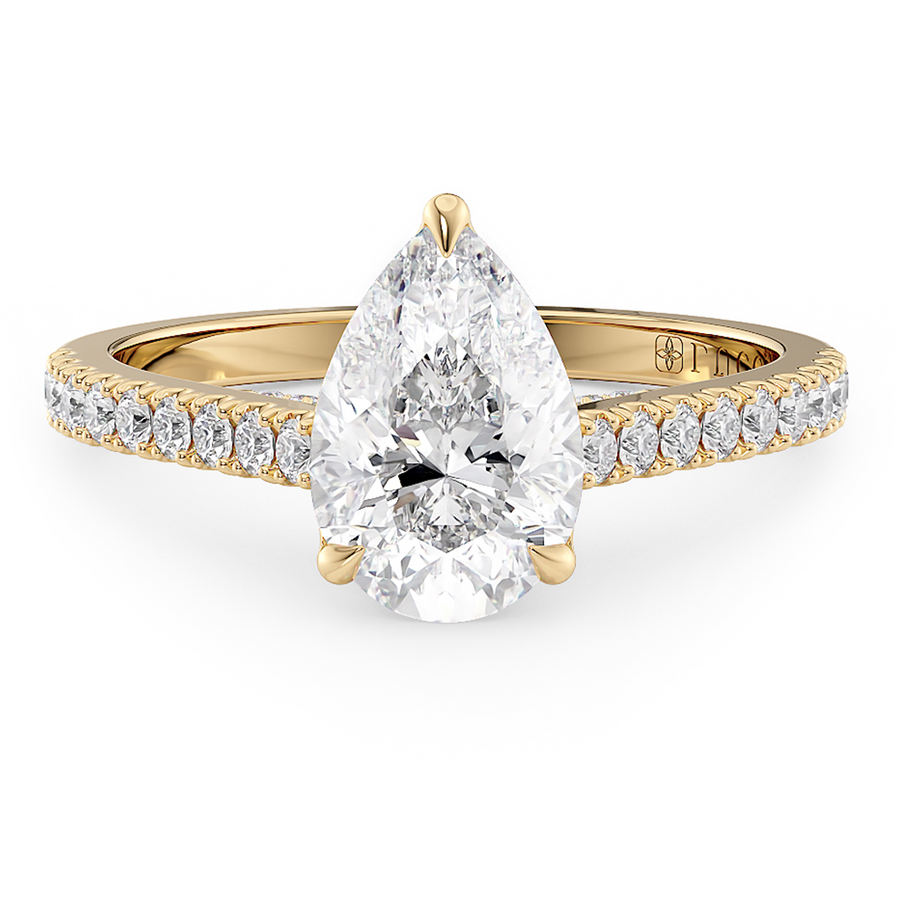Load image into Gallery viewer, LUCCE Cathedral Pear Diamond Pave Engagement Ring with Petal Prongs and Hidden Accent Stones in Gold or Platinum
