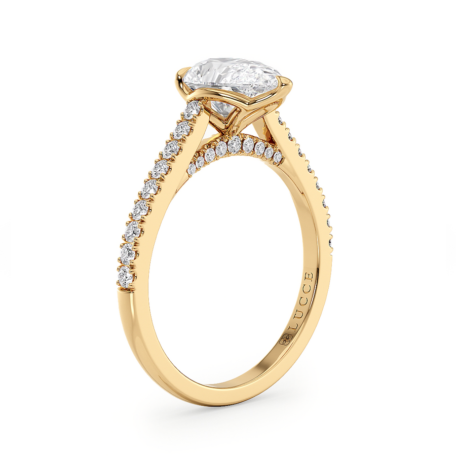 Load image into Gallery viewer, LUCCE Cathedral Pear Diamond Pave Engagement Ring with Petal Prongs and Hidden Accent Stones in Gold or Platinum
