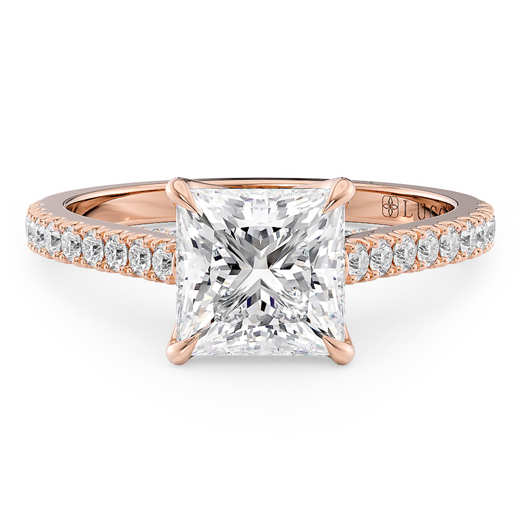 Load image into Gallery viewer, LUCCE Cathedral Oval Diamond Pavé Engagement Ring with Petal Prongs and Hidden Accent Stones in Gold or Platinum
