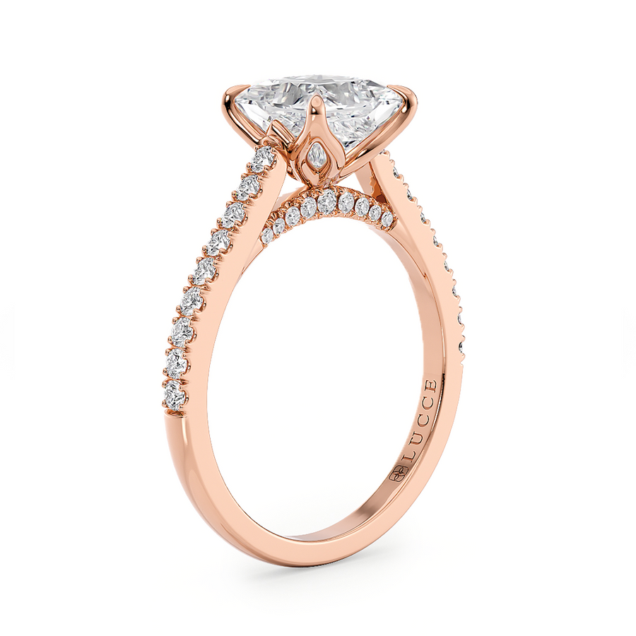 Load image into Gallery viewer, LUCCE Cathedral Oval Diamond Pavé Engagement Ring with Petal Prongs and Hidden Accent Stones in Gold or Platinum
