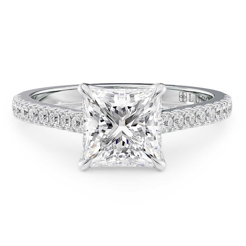 Load image into Gallery viewer, LUCCE Cathedral Oval Diamond Pavé Engagement Ring with Petal Prongs and Hidden Accent Stones in Gold or Platinum
