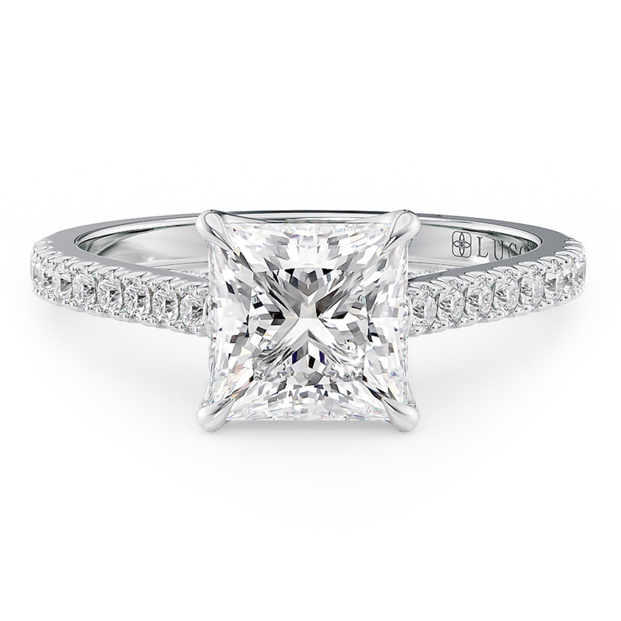 Load image into Gallery viewer, LUCCE Cathedral Oval Diamond Pavé Engagement Ring with Petal Prongs and Hidden Accent Stones in Gold or Platinum
