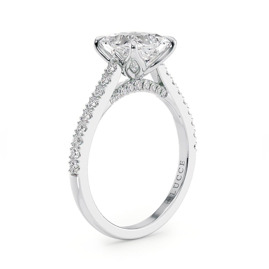 Load image into Gallery viewer, LUCCE Cathedral Oval Diamond Pavé Engagement Ring with Petal Prongs and Hidden Accent Stones in Gold or Platinum
