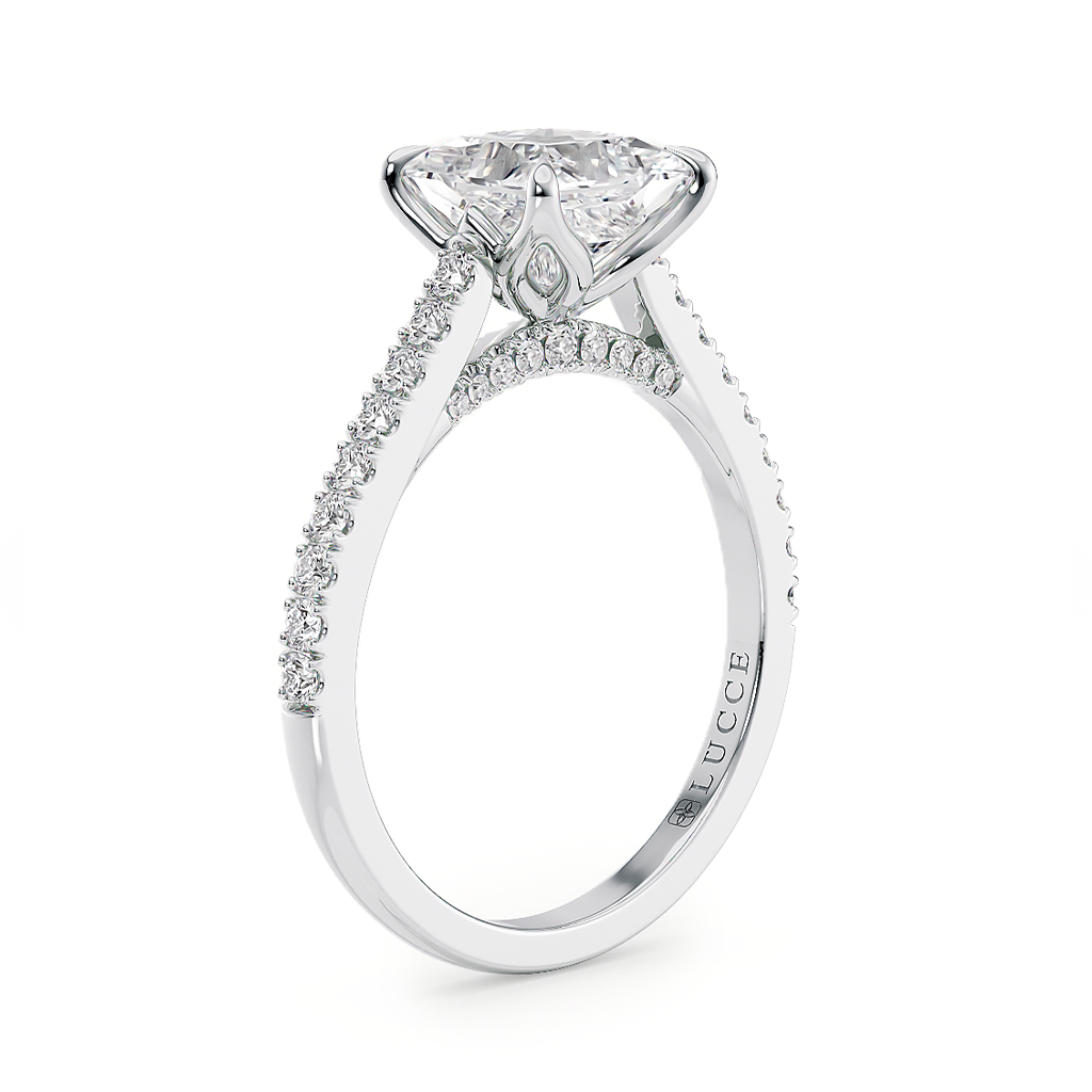 Load image into Gallery viewer, LUCCE Cathedral Cushion Diamond Pavé Engagement Ring with Petal Prongs and Hidden Accent Stones in Gold or Platinum
