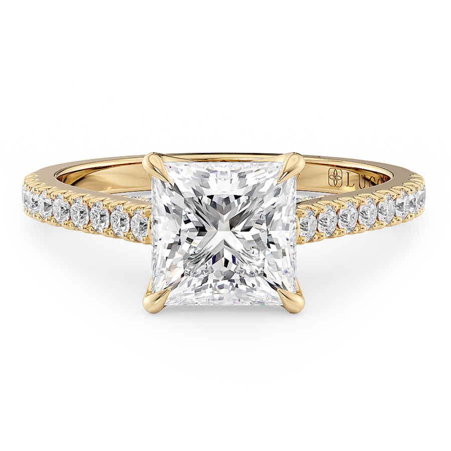 Load image into Gallery viewer, LUCCE Cathedral Oval Diamond Pavé Engagement Ring with Petal Prongs and Hidden Accent Stones in Gold or Platinum
