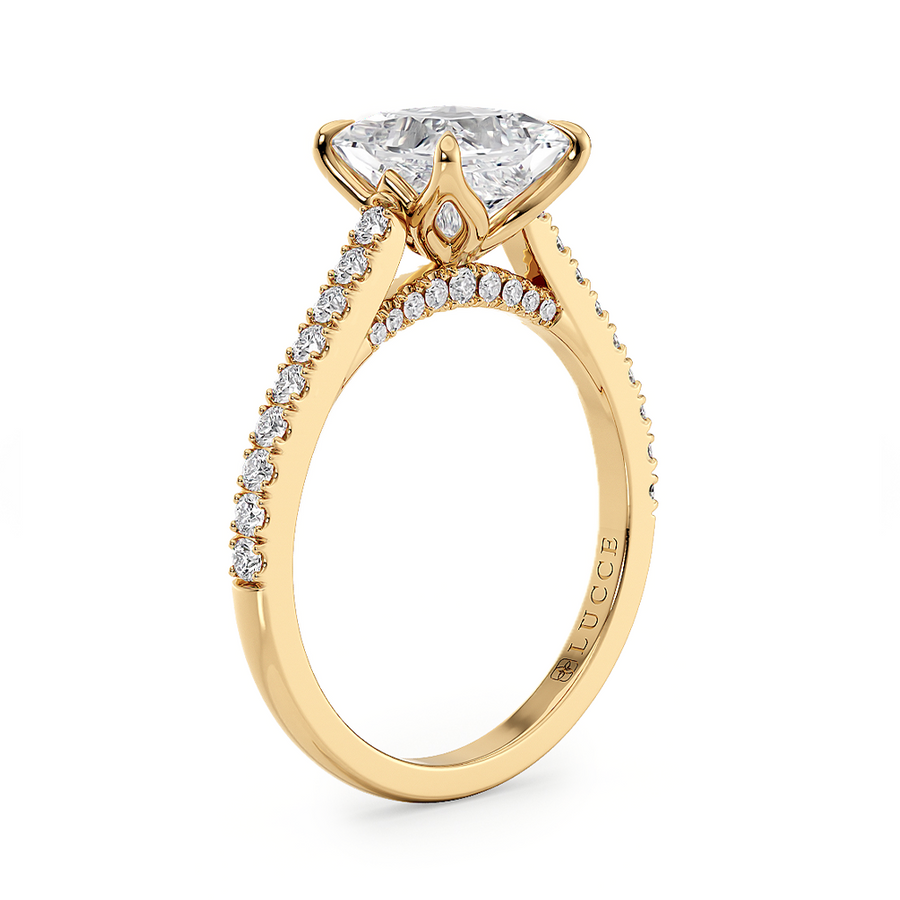 Load image into Gallery viewer, LUCCE Cathedral Oval Diamond Pavé Engagement Ring with Petal Prongs and Hidden Accent Stones in Gold or Platinum
