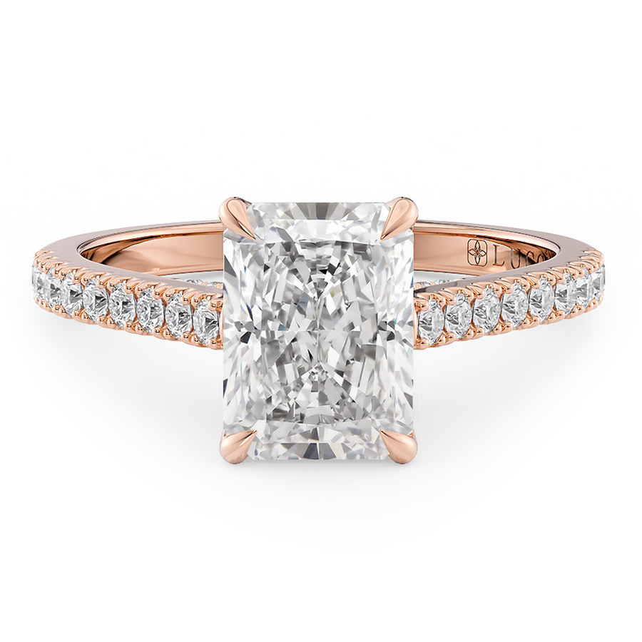 Load image into Gallery viewer, LUCCE Cathedral Radiant Diamond Pave Engagement Ring with Petal Prongs and Hidden Accent Stones in Gold or Platinum
