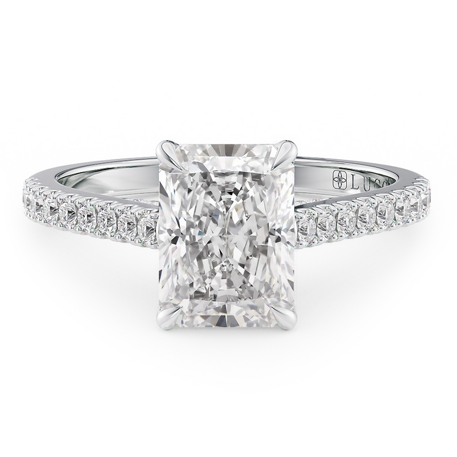 Load image into Gallery viewer, LUCCE Cathedral Radiant Diamond Pave Engagement Ring with Petal Prongs and Hidden Accent Stones in Gold or Platinum

