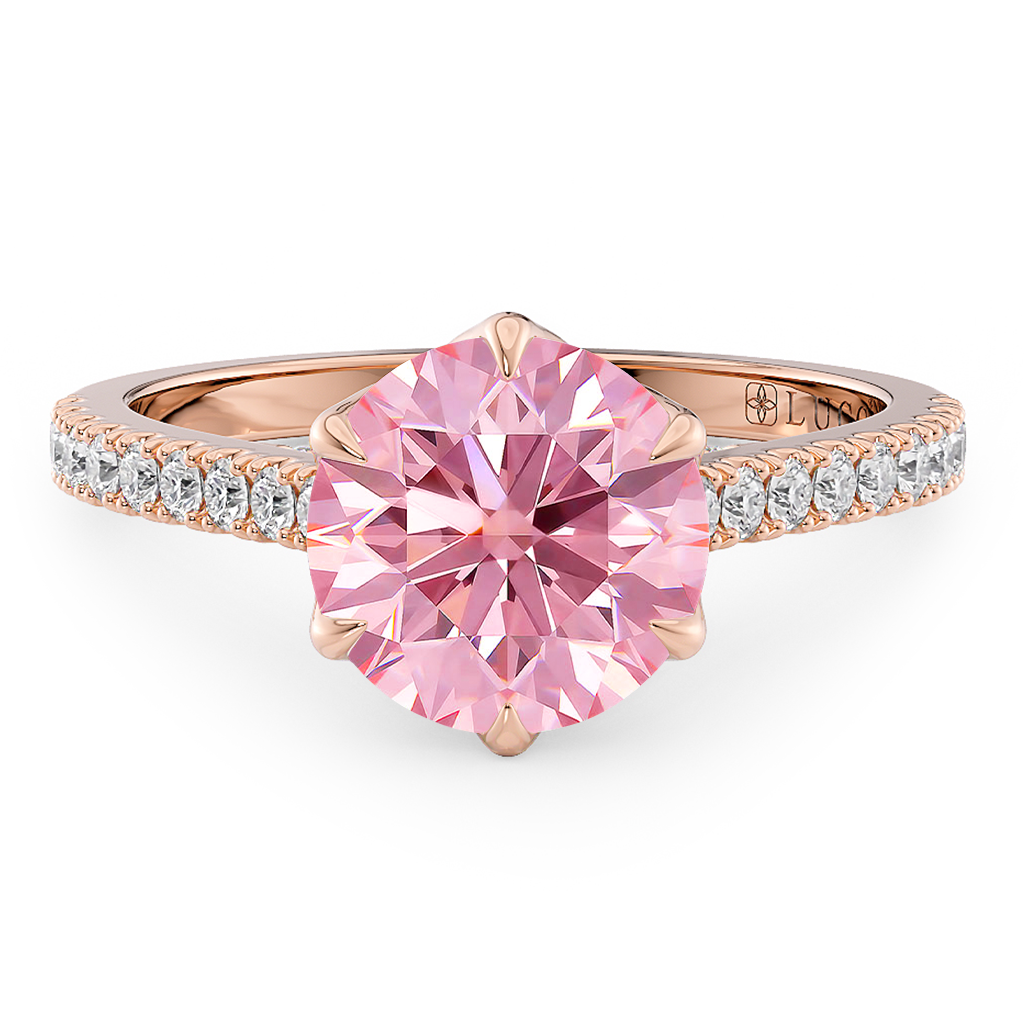 Load image into Gallery viewer, LUCCE Cathedral Round Pink Diamond Pave Engagement Ring with Petal Prongs and Hidden accent Stones in Gold or Platinum
