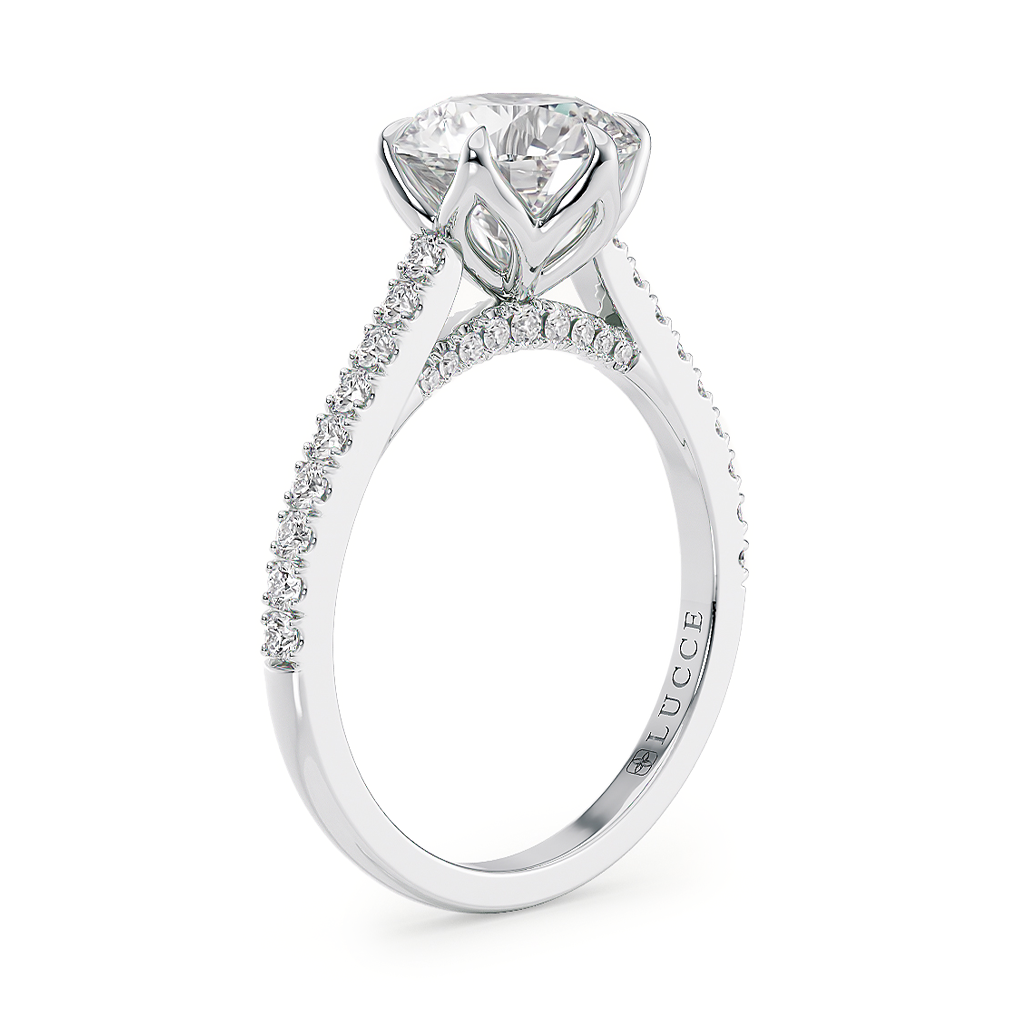 Load image into Gallery viewer, LUCCE Cathedral Round Diamond Pave Engagement Ring with Petal Prongs and Hidden accent Stones in Gold or Platinum
