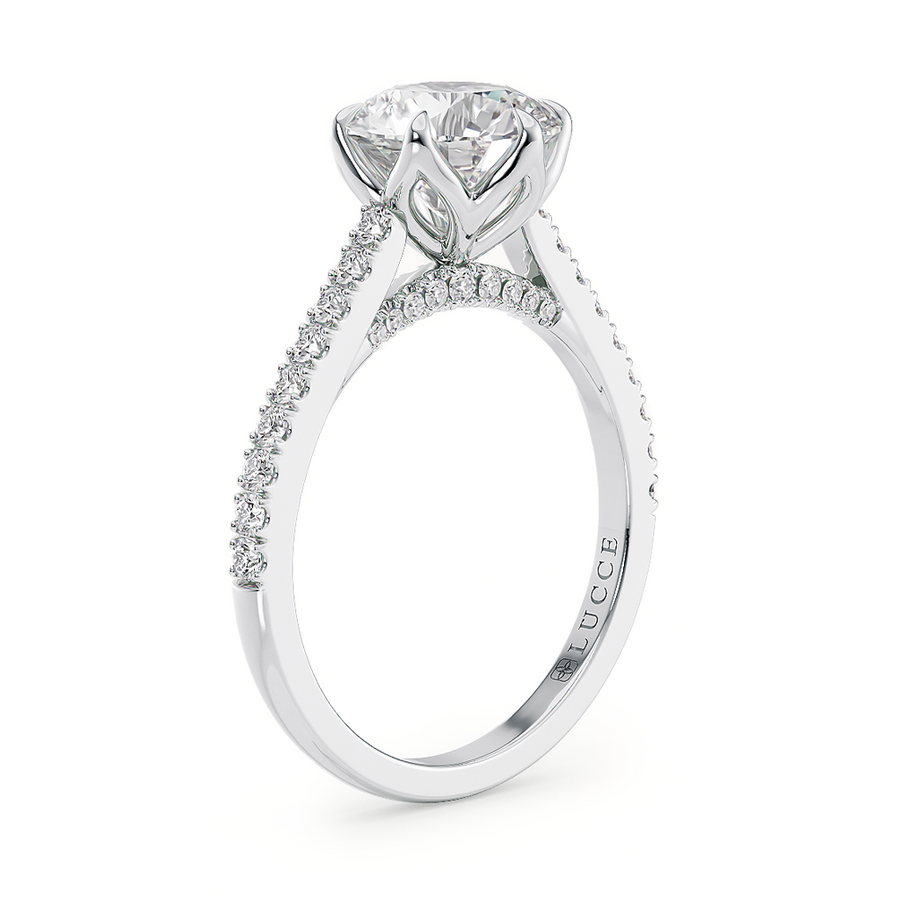 Load image into Gallery viewer, LUCCE Cathedral Round Diamond Pave Engagement Ring with Petal Prongs and Hidden accent Stones in Gold or Platinum

