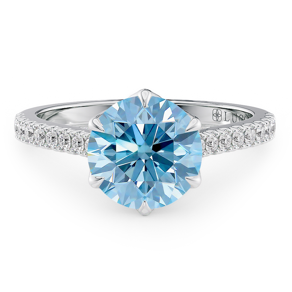 Load image into Gallery viewer, LUCCE Cathedral Round Blue Diamond Pave Engagement Ring with Petal Prongs and Hidden accent Stones in Gold or Platinum
