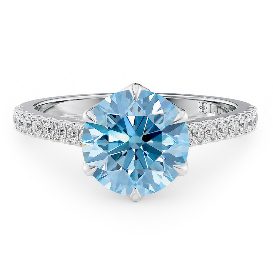 Load image into Gallery viewer, LUCCE Cathedral Round Blue Diamond Pave Engagement Ring with Petal Prongs and Hidden accent Stones in Gold or Platinum
