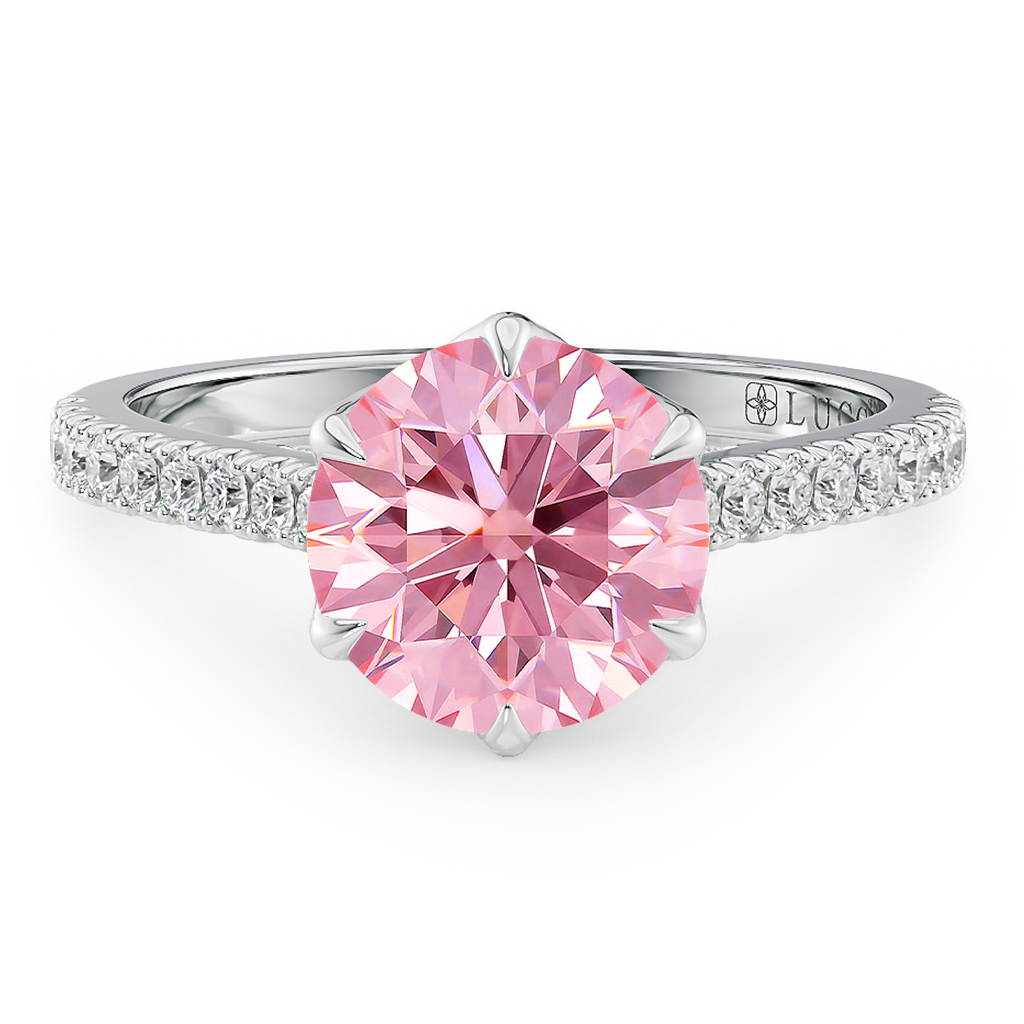 Load image into Gallery viewer, LUCCE Cathedral Round Pink Diamond Pave Engagement Ring with Petal Prongs and Hidden accent Stones in Gold or Platinum
