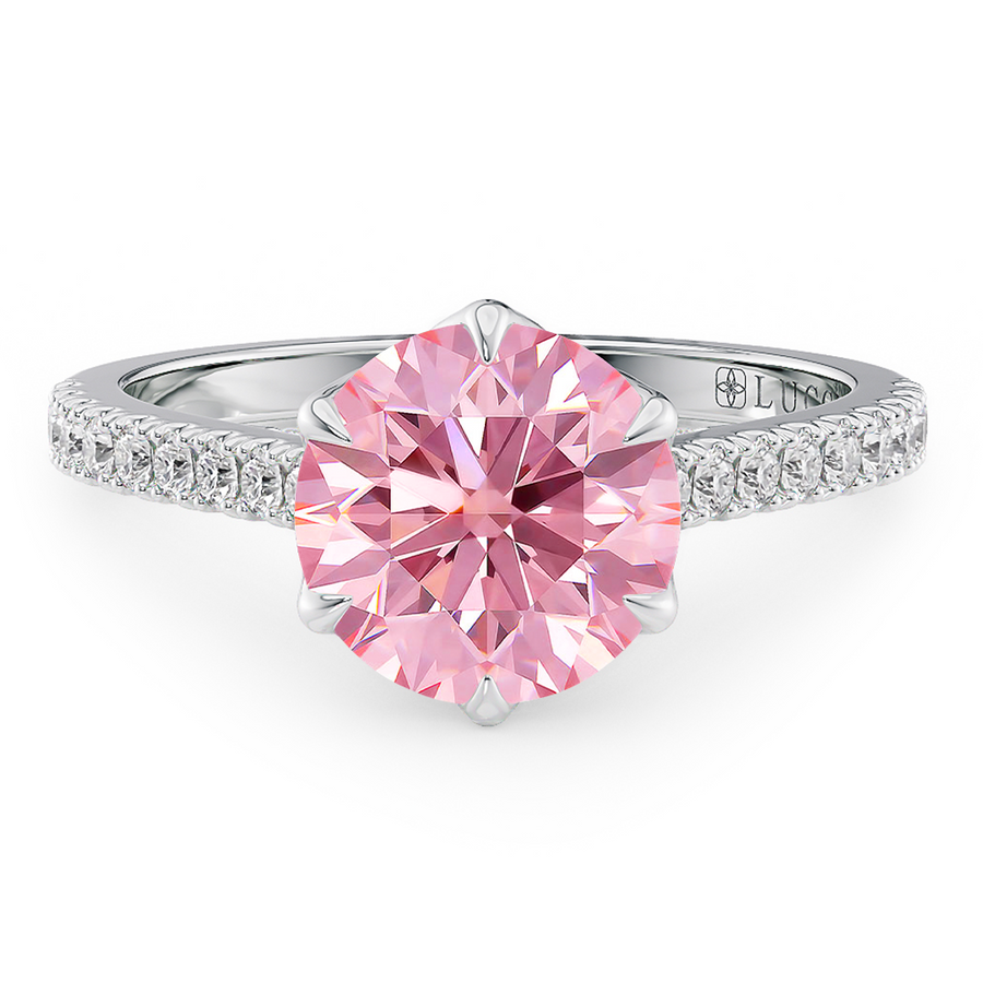 Load image into Gallery viewer, LUCCE Cathedral Round Pink Diamond Pave Engagement Ring with Petal Prongs and Hidden accent Stones in Gold or Platinum
