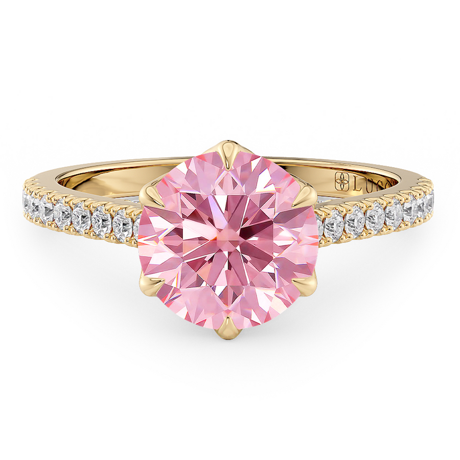 Load image into Gallery viewer, LUCCE Cathedral Round Pink Diamond Pave Engagement Ring with Petal Prongs and Hidden accent Stones in Gold or Platinum
