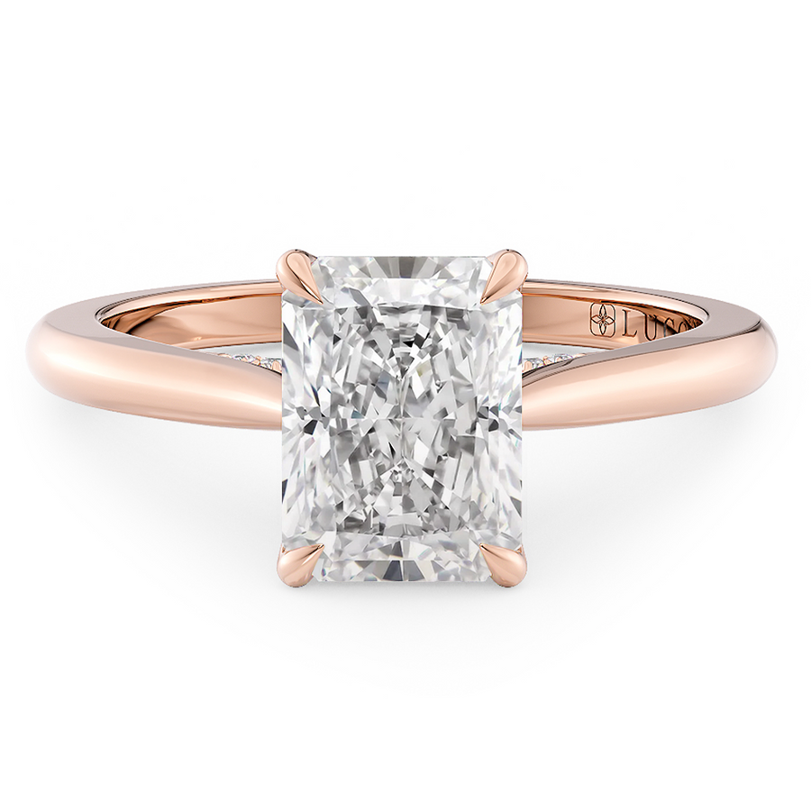 Load image into Gallery viewer, LUCCE Cathedral Radiant Diamond Solitaire Engagement Ring with Petal Prongs and Hidden Accent Stones in Gold or Platinum
