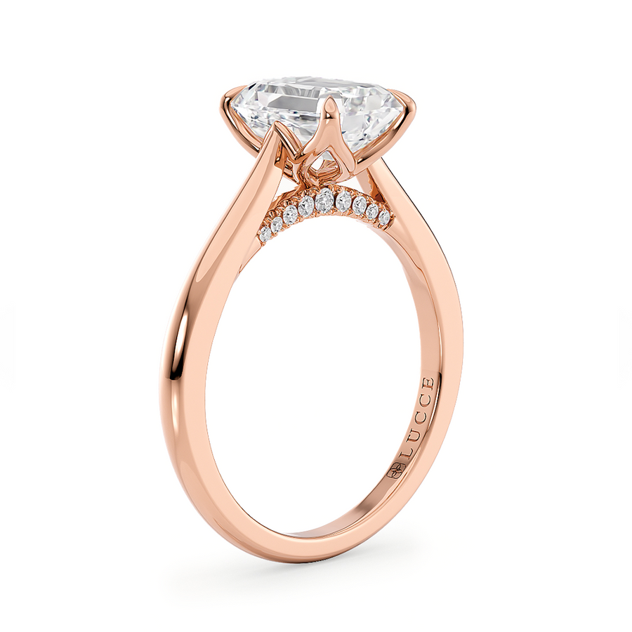 Load image into Gallery viewer, LUCCE Cathedral Radiant Diamond Solitaire Engagement Ring with Petal Prongs and Hidden Accent Stones in Gold or Platinum
