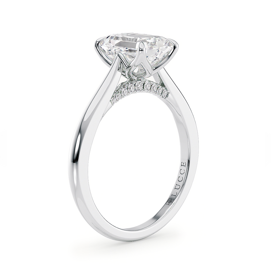 Load image into Gallery viewer, LUCCE Cathedral Radiant Diamond Solitaire Engagement Ring with Petal Prongs and Hidden Accent Stones in Gold or Platinum

