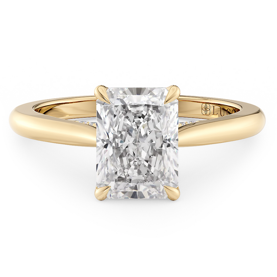 Load image into Gallery viewer, LUCCE Cathedral Radiant Diamond Solitaire Engagement Ring with Petal Prongs and Hidden Accent Stones in Gold or Platinum
