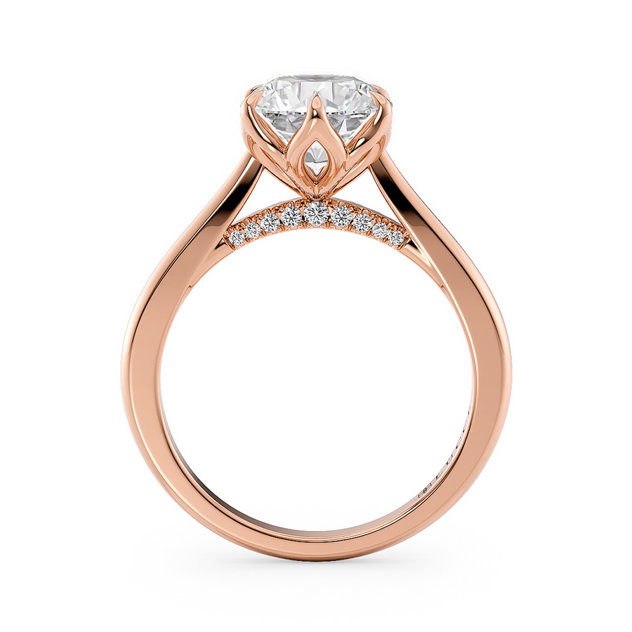Load image into Gallery viewer, LUCCE Cathedral Round Diamond Solitaire Engagement Ring with Petal Prongs and Hidden accent Stones in Gold or Platinum
