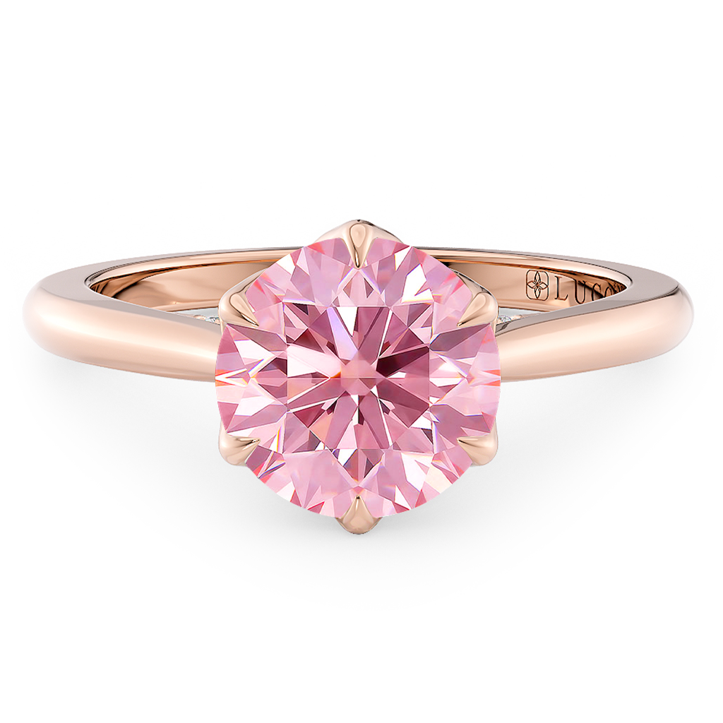 Load image into Gallery viewer, LUCCE Cathedral Round Pink Diamond Solitaire Engagement Ring with Petal Prongs and Hidden accent Stones in Gold or Platinum

