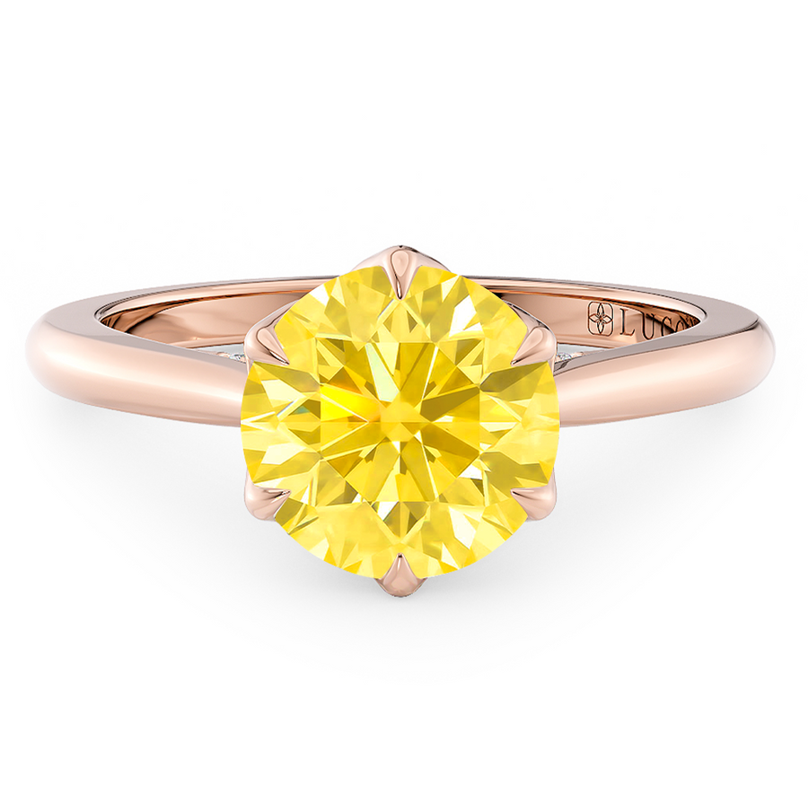 Load image into Gallery viewer, LUCCE Cathedral Round Yellow Diamond Solitaire Engagement Ring with Petal Prongs and Hidden accent Stones in Gold or Platinum
