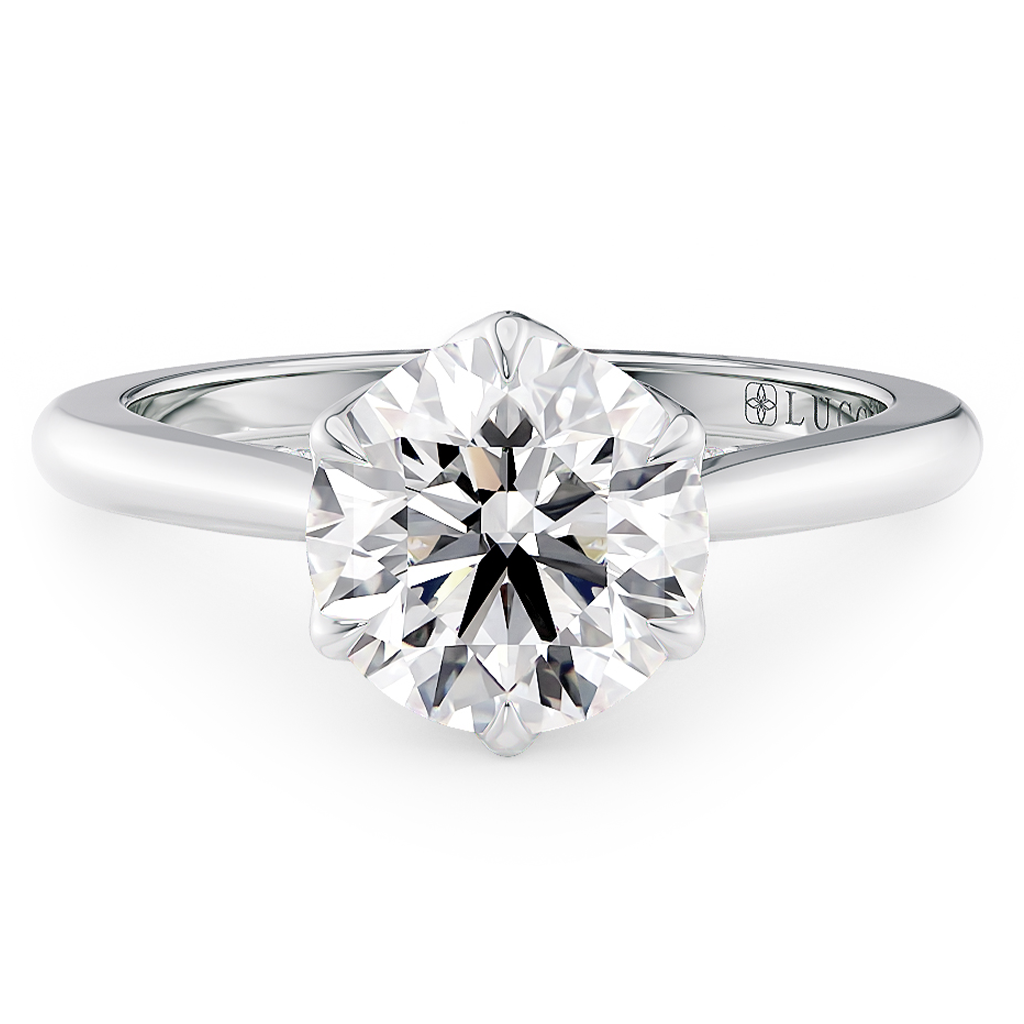 Load image into Gallery viewer, LUCCE Cathedral Round Diamond Solitaire Engagement Ring with Petal Prongs and Hidden accent Stones in Gold or Platinum
