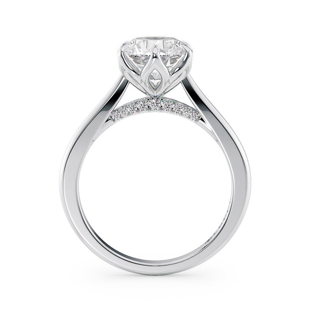 Load image into Gallery viewer, LUCCE Cathedral Round Diamond Solitaire Engagement Ring with Petal Prongs and Hidden accent Stones in Gold or Platinum

