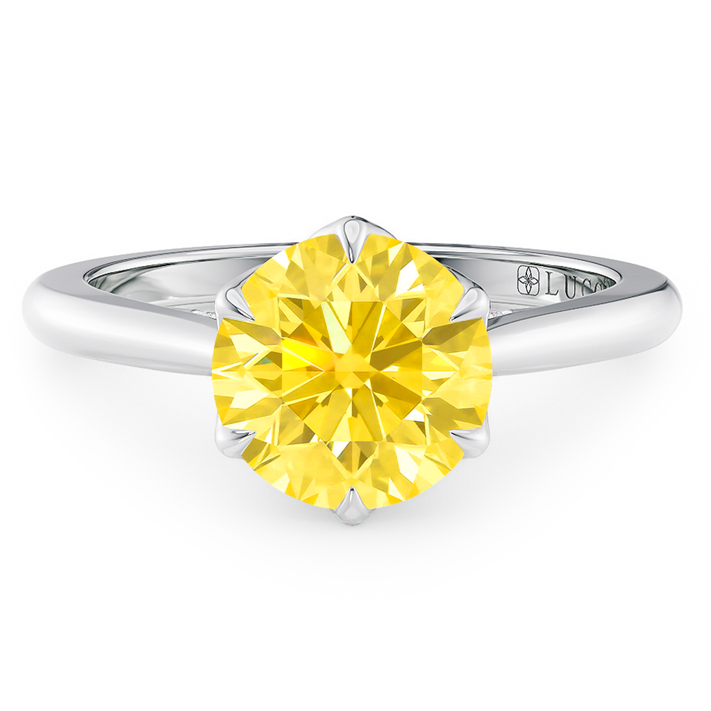 Load image into Gallery viewer, LUCCE Cathedral Round Yellow Diamond Solitaire Engagement Ring with Petal Prongs and Hidden accent Stones in Gold or Platinum
