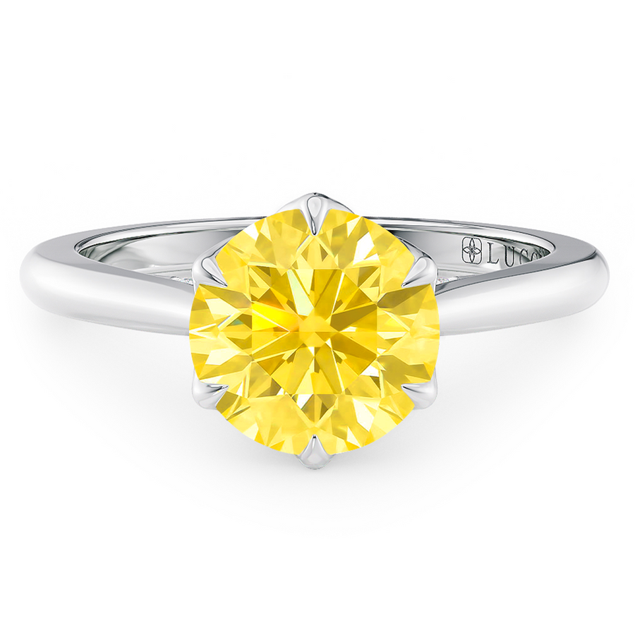 Load image into Gallery viewer, LUCCE Cathedral Round Yellow Diamond Solitaire Engagement Ring with Petal Prongs and Hidden accent Stones in Gold or Platinum

