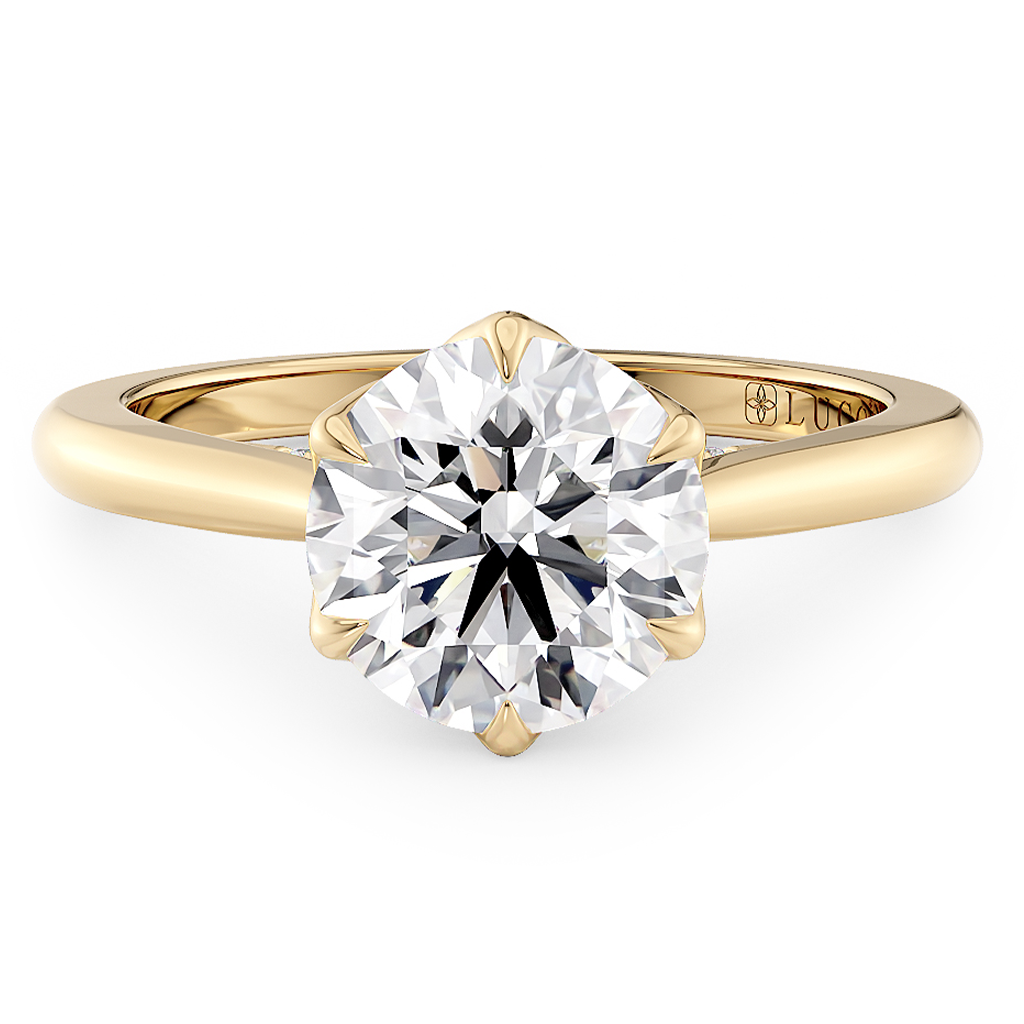 Load image into Gallery viewer, LUCCE Cathedral Round Diamond Solitaire Engagement Ring with Petal Prongs and Hidden accent Stones in Gold or Platinum

