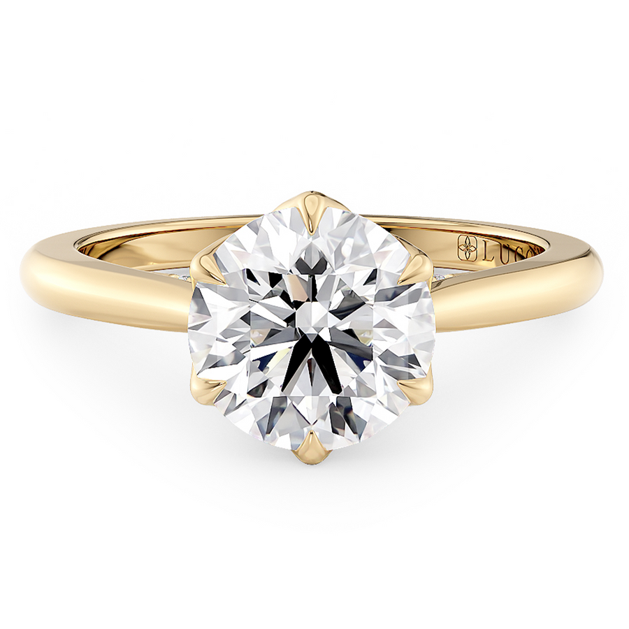 Load image into Gallery viewer, LUCCE Cathedral Round Diamond Solitaire Engagement Ring with Petal Prongs and Hidden accent Stones in Gold or Platinum
