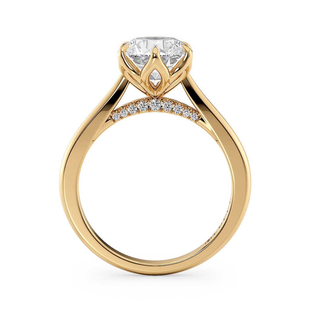 Load image into Gallery viewer, LUCCE Cathedral Round Diamond Solitaire Engagement Ring with Petal Prongs and Hidden accent Stones in Gold or Platinum

