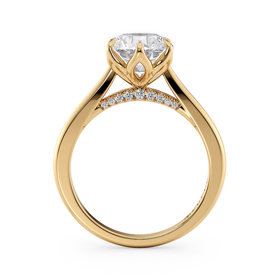 Load image into Gallery viewer, LUCCE Cathedral Round Diamond Solitaire Engagement Ring with Petal Prongs and Hidden accent Stones in Gold or Platinum

