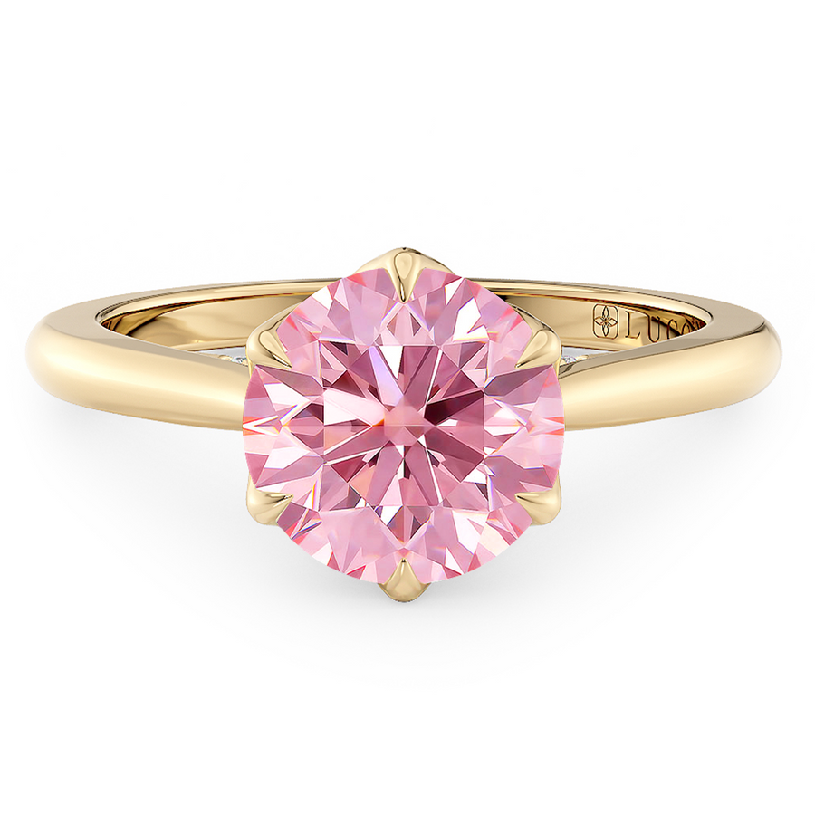 Load image into Gallery viewer, LUCCE Cathedral Round Pink Diamond Solitaire Engagement Ring with Petal Prongs and Hidden accent Stones in Gold or Platinum
