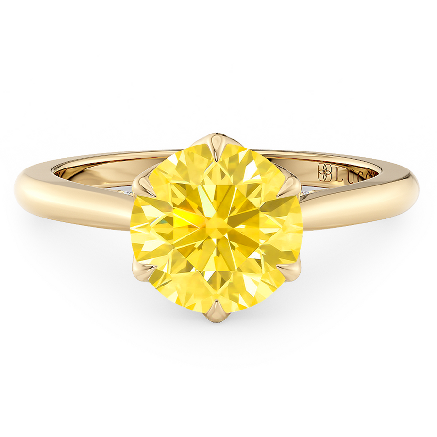Load image into Gallery viewer, LUCCE Cathedral Round Yellow Diamond Solitaire Engagement Ring with Petal Prongs and Hidden accent Stones in Gold or Platinum
