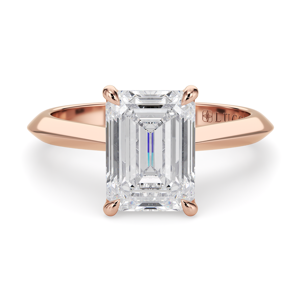 Load image into Gallery viewer, LUCCE Knife Edge Cathedral Emerald Diamond Solitaire Engagement Ring with Overlapping Petal Prongs in Gold or Platinum
