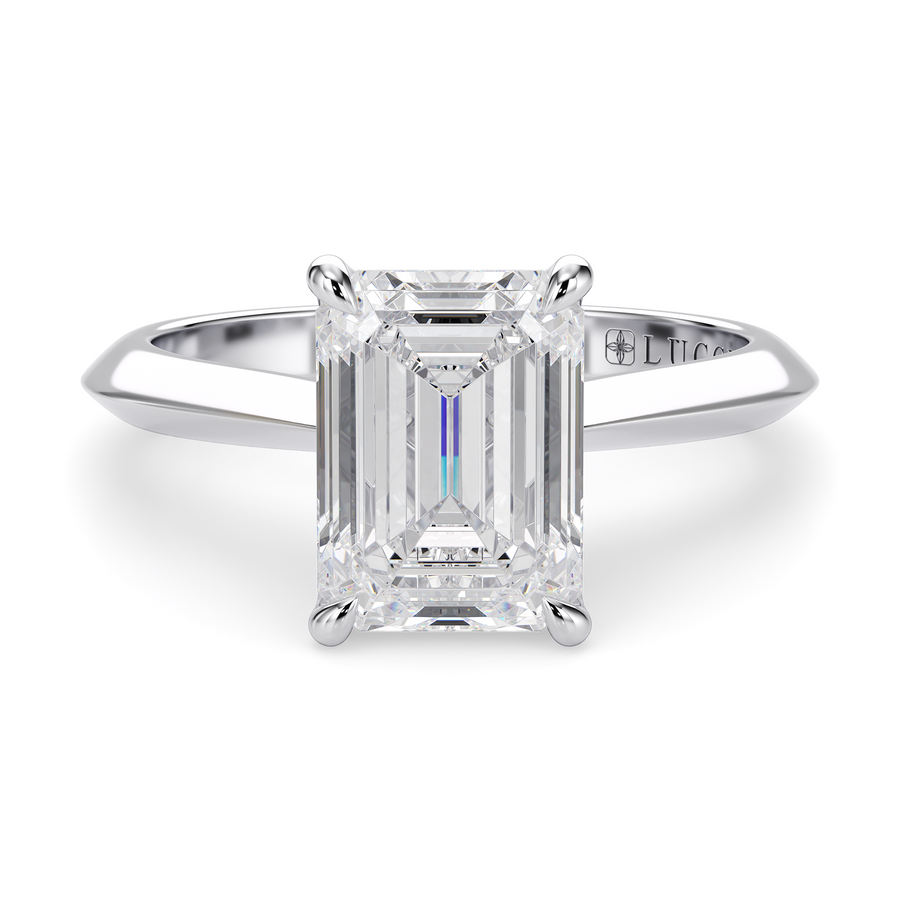 Load image into Gallery viewer, LUCCE Knife Edge Cathedral Emerald Diamond Solitaire Engagement Ring with Overlapping Petal Prongs in Gold or Platinum
