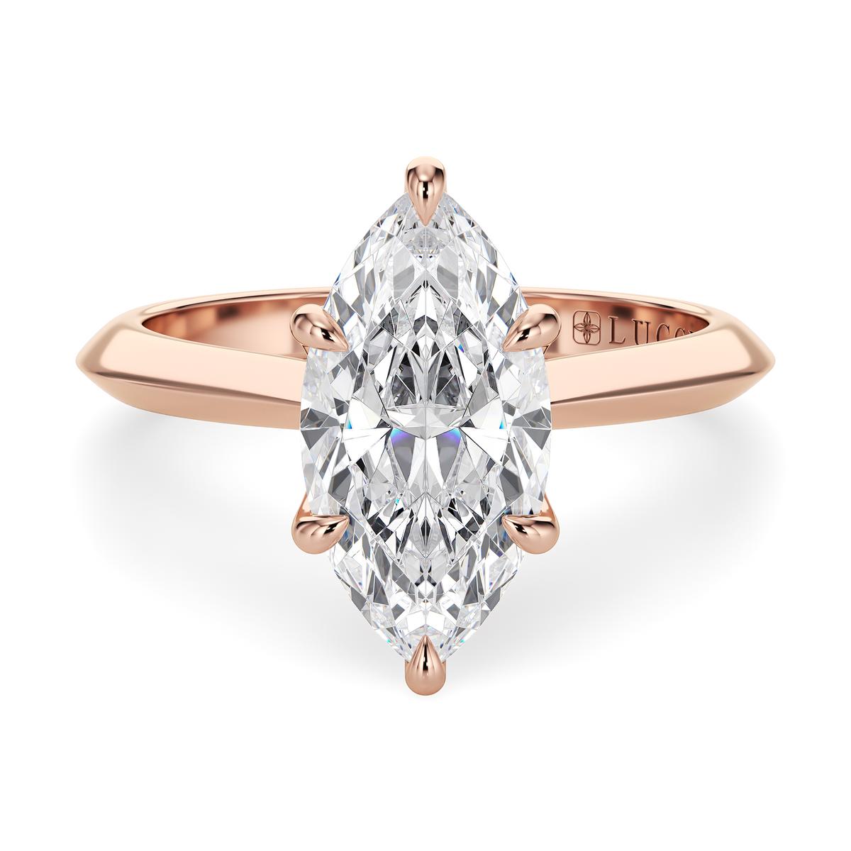 Load image into Gallery viewer, LUCCE Knife Edge Cathedral Marquise Diamond Solitaire Engagement Ring with Overlapping Petal Prongs in Gold or Platinum
