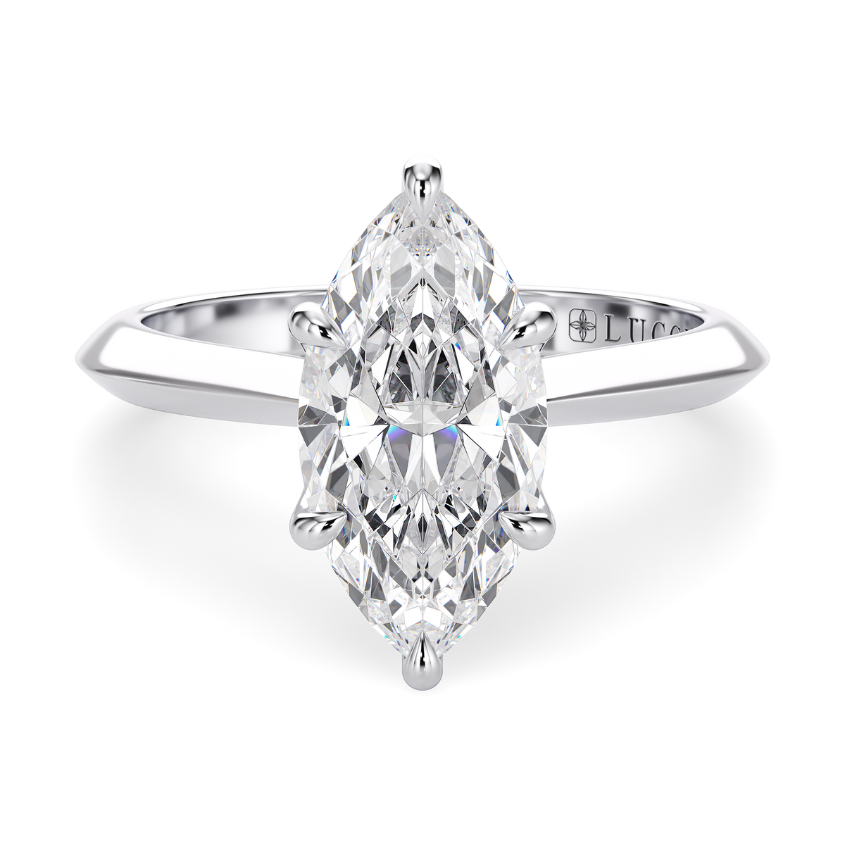 Load image into Gallery viewer, LUCCE Knife Edge Cathedral Marquise Diamond Solitaire Engagement Ring with Overlapping Petal Prongs in Gold or Platinum
