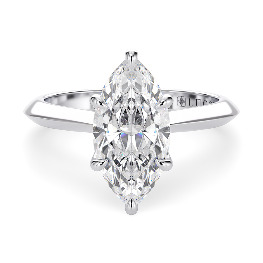 Load image into Gallery viewer, LUCCE Knife Edge Cathedral Marquise Diamond Solitaire Engagement Ring with Overlapping Petal Prongs in Gold or Platinum
